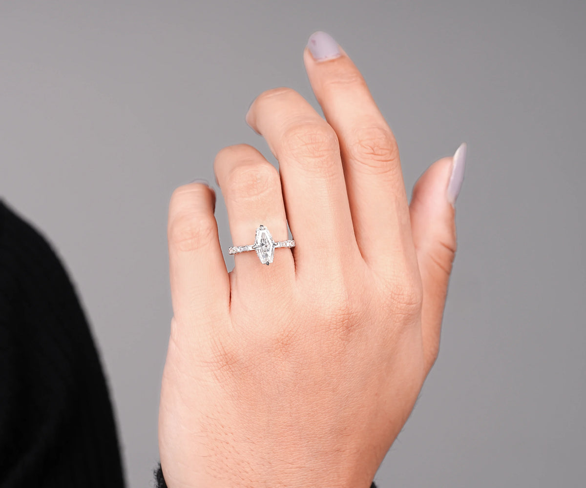 Solitaire Hidden Halo Antique Lozenge Shape Lab Diamond Engagement Ring