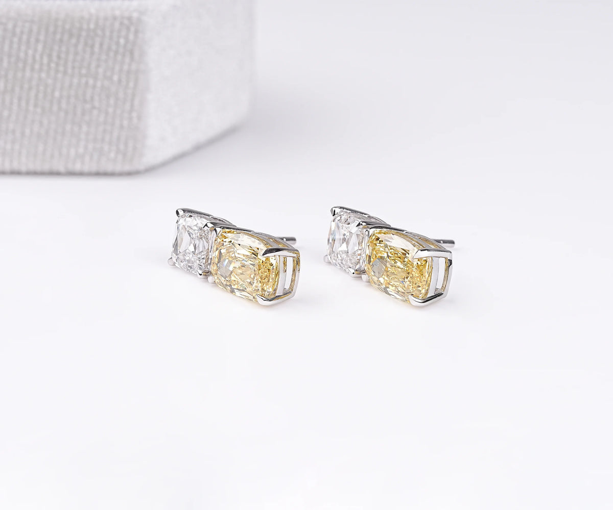 Toi Et Moi White and Fancy Yellow Cushion Shape Lab Diamond Drop Earrings