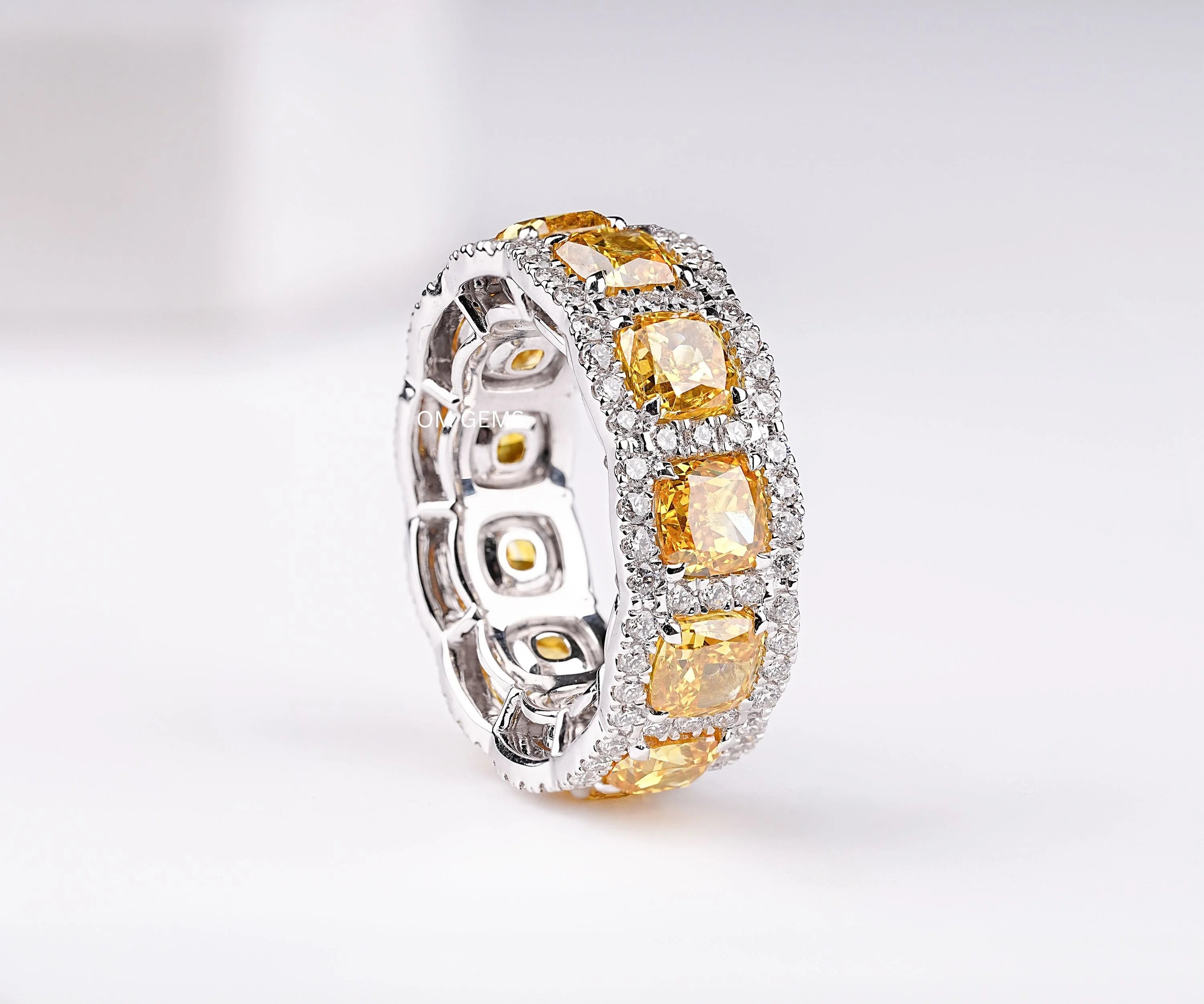 Yellow Cushion Cut Halo Eternity Vintage Band