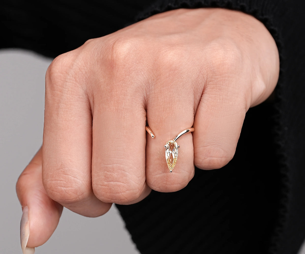 Solitaire Spiral Open Cuff Fancy Yellow Pear Rose Cut Lab Diamond Engagement Ring