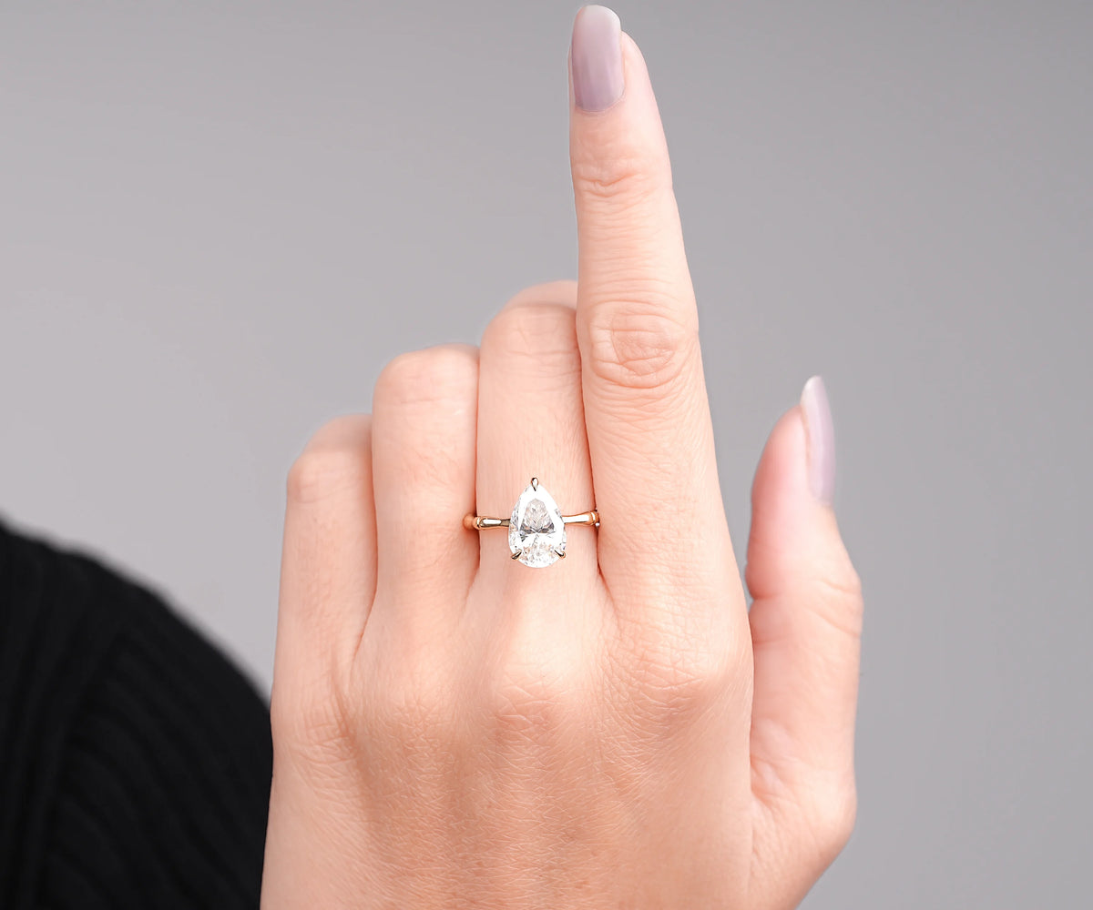 Solitaire Bamboo Twig Hidden Halo Pear Shape Lab Diamond Engagement Ring