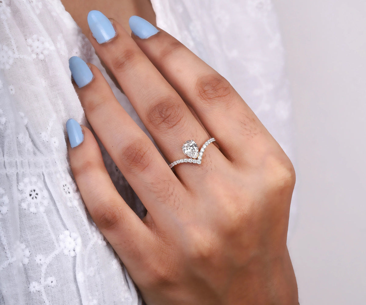 Chevron band pear lab diamond engagement ring