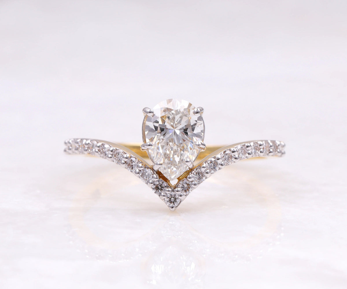 Chevron pavé pear shape lab grown diamond engagement ring