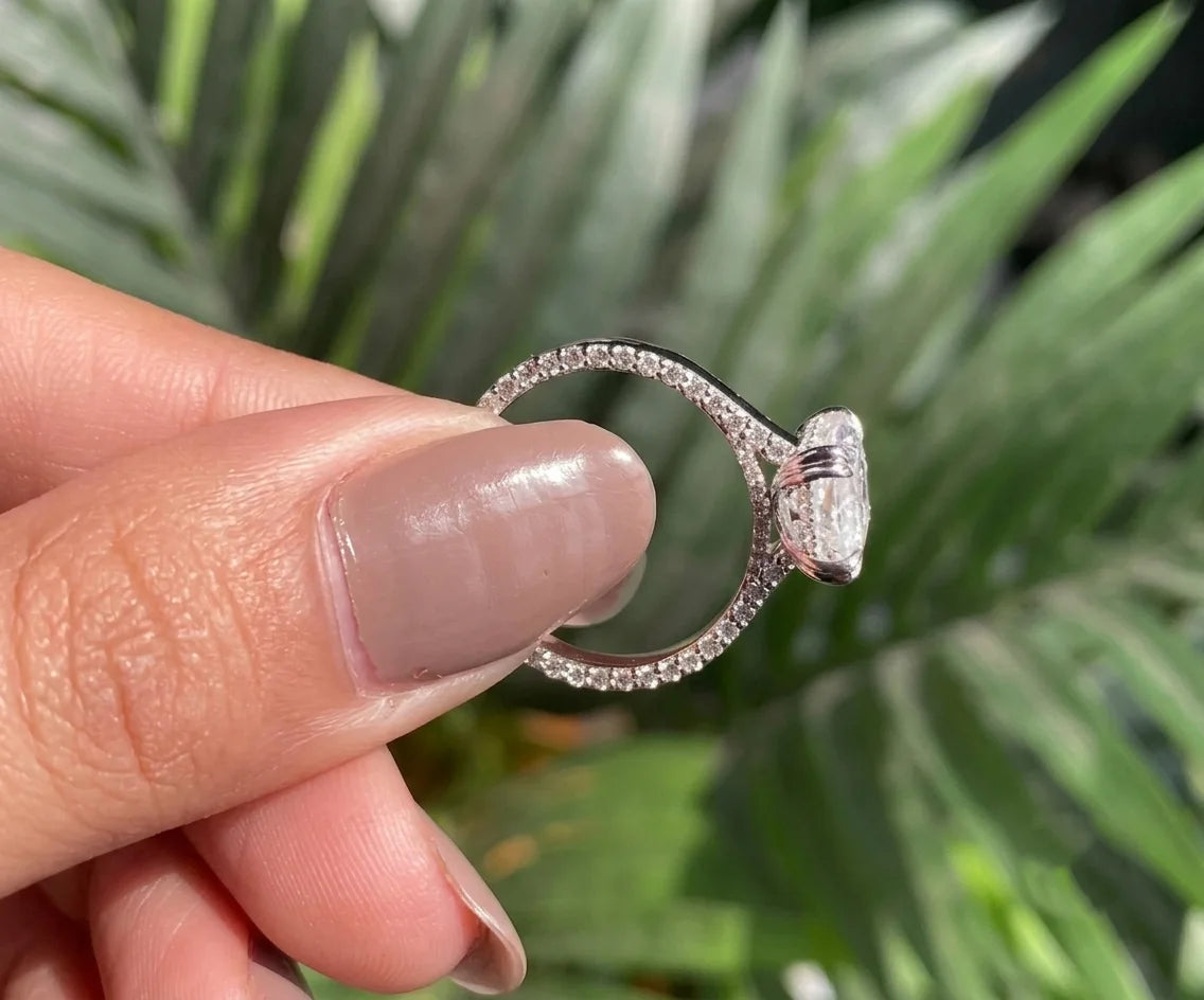 Hidden halo radiant cut lab grown diamond bridal ring