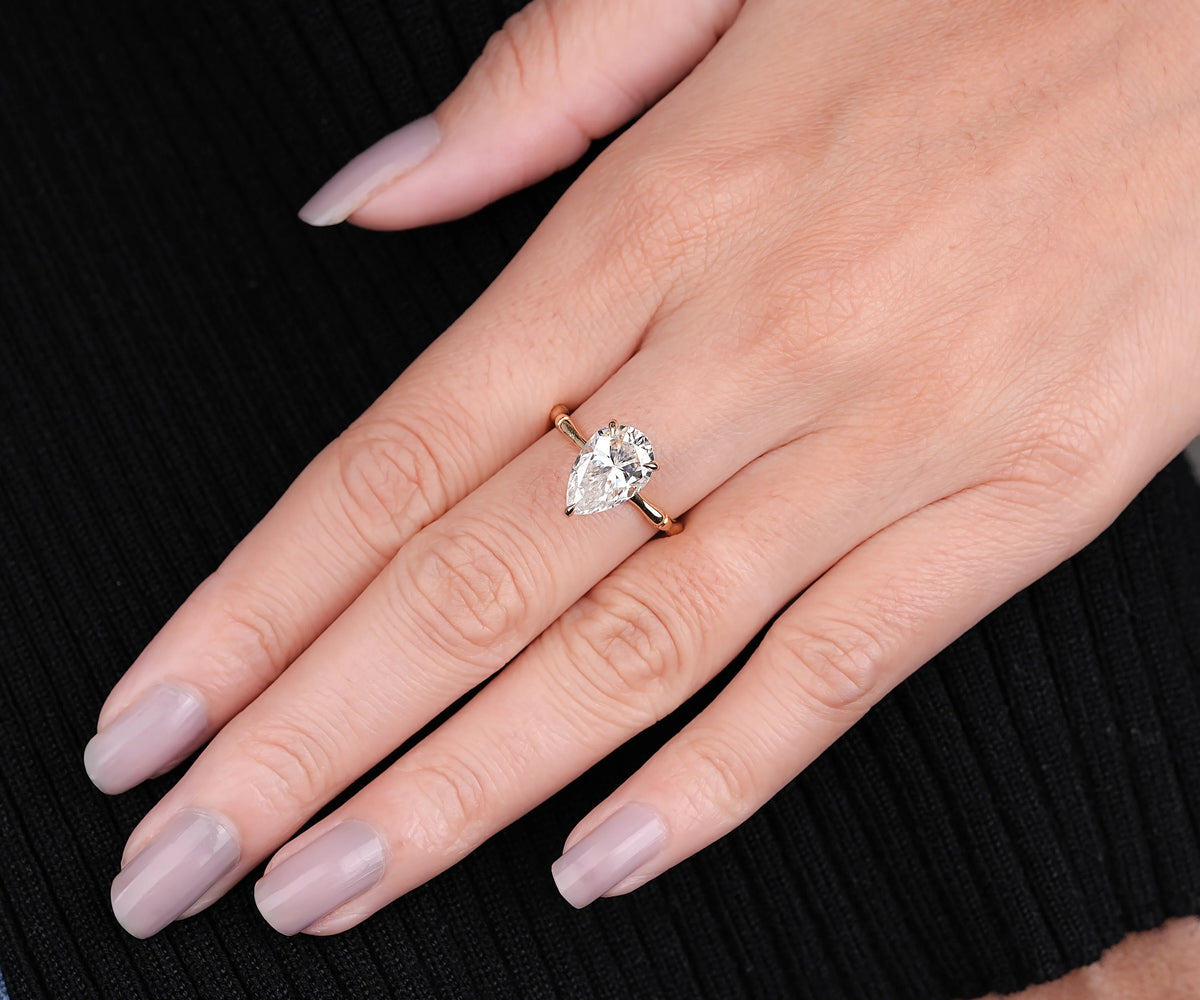 Solitaire Bamboo Twig Hidden Halo Pear Shape Lab Diamond Engagement Ring