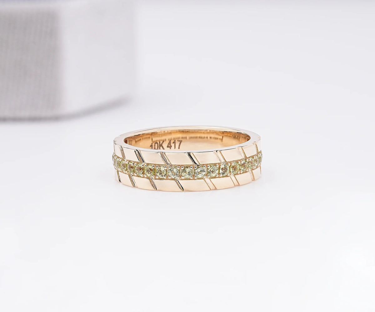 Men’s Diagonal Grooved Wide Round Shape Green Lab Diamond and Moissanite Wedding Band