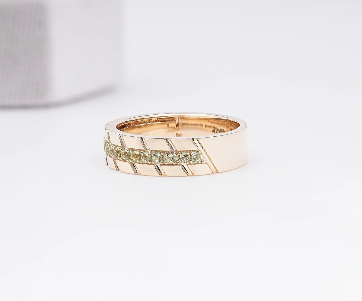 Men’s Diagonal Grooved Wide Round Shape Green Lab Diamond and Moissanite Wedding Band