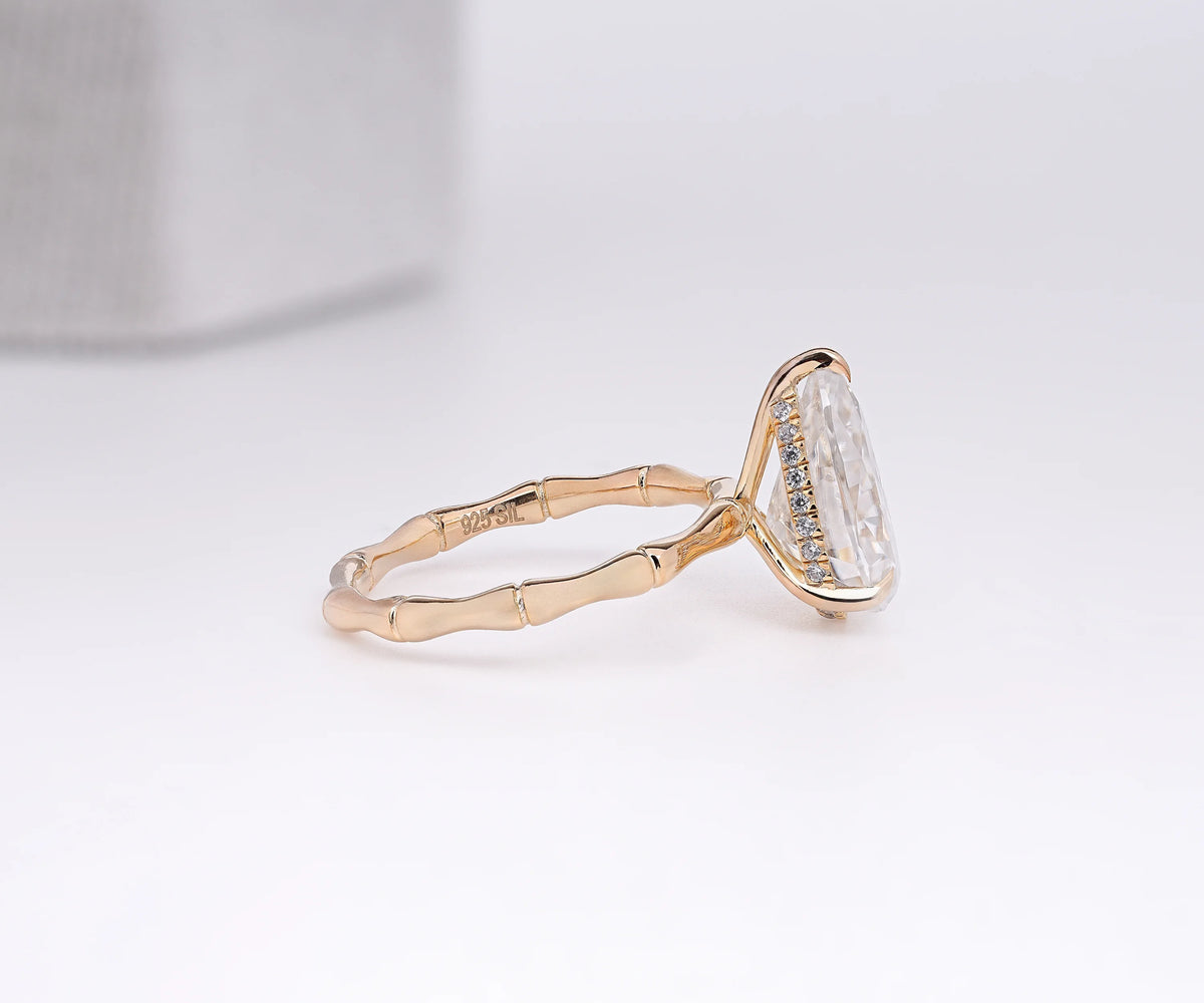 Solitaire Bamboo Twig Hidden Halo Pear Shape Lab Diamond Engagement Ring