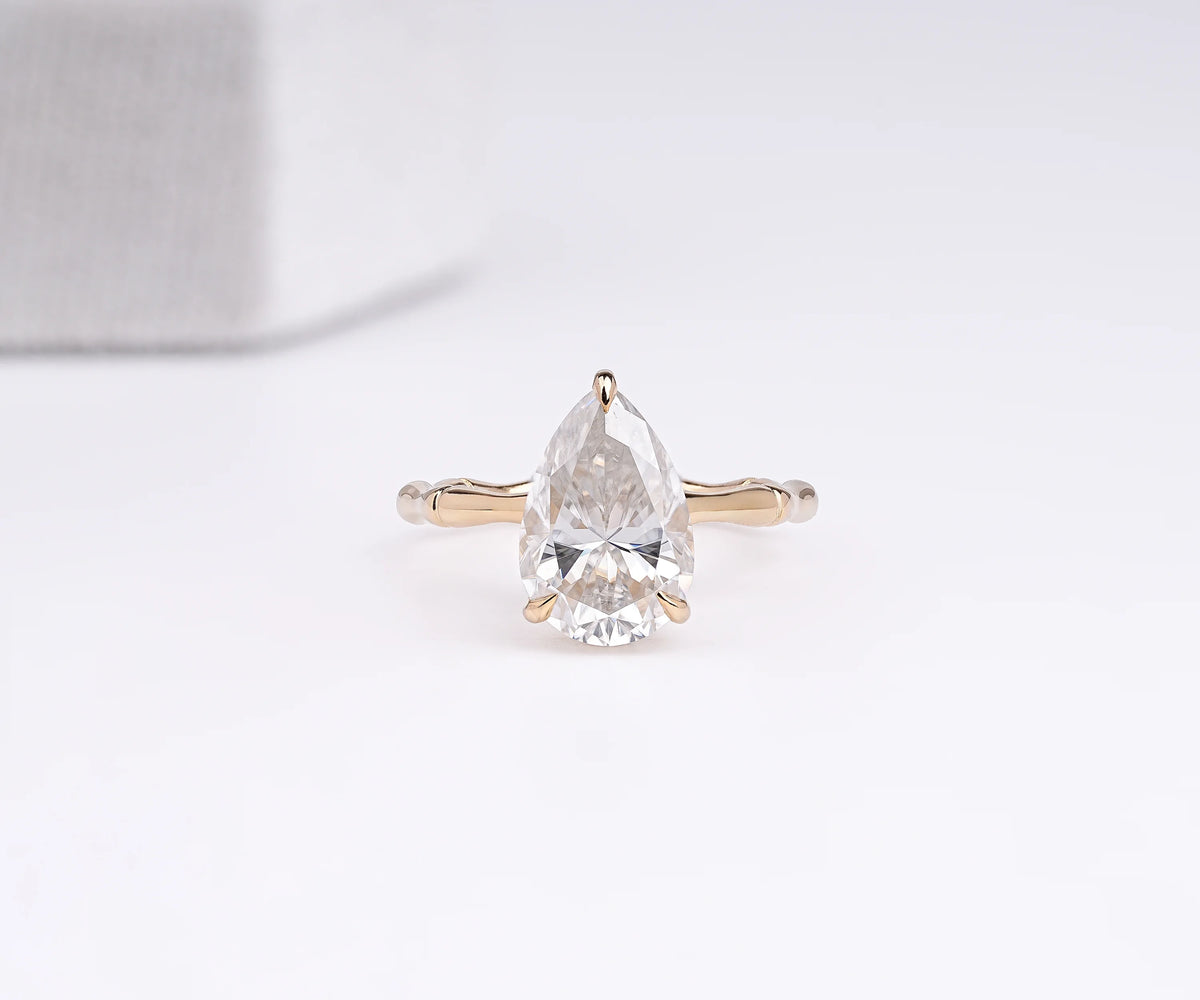 Solitaire Bamboo Twig Hidden Halo Pear Shape Lab Diamond Engagement Ring