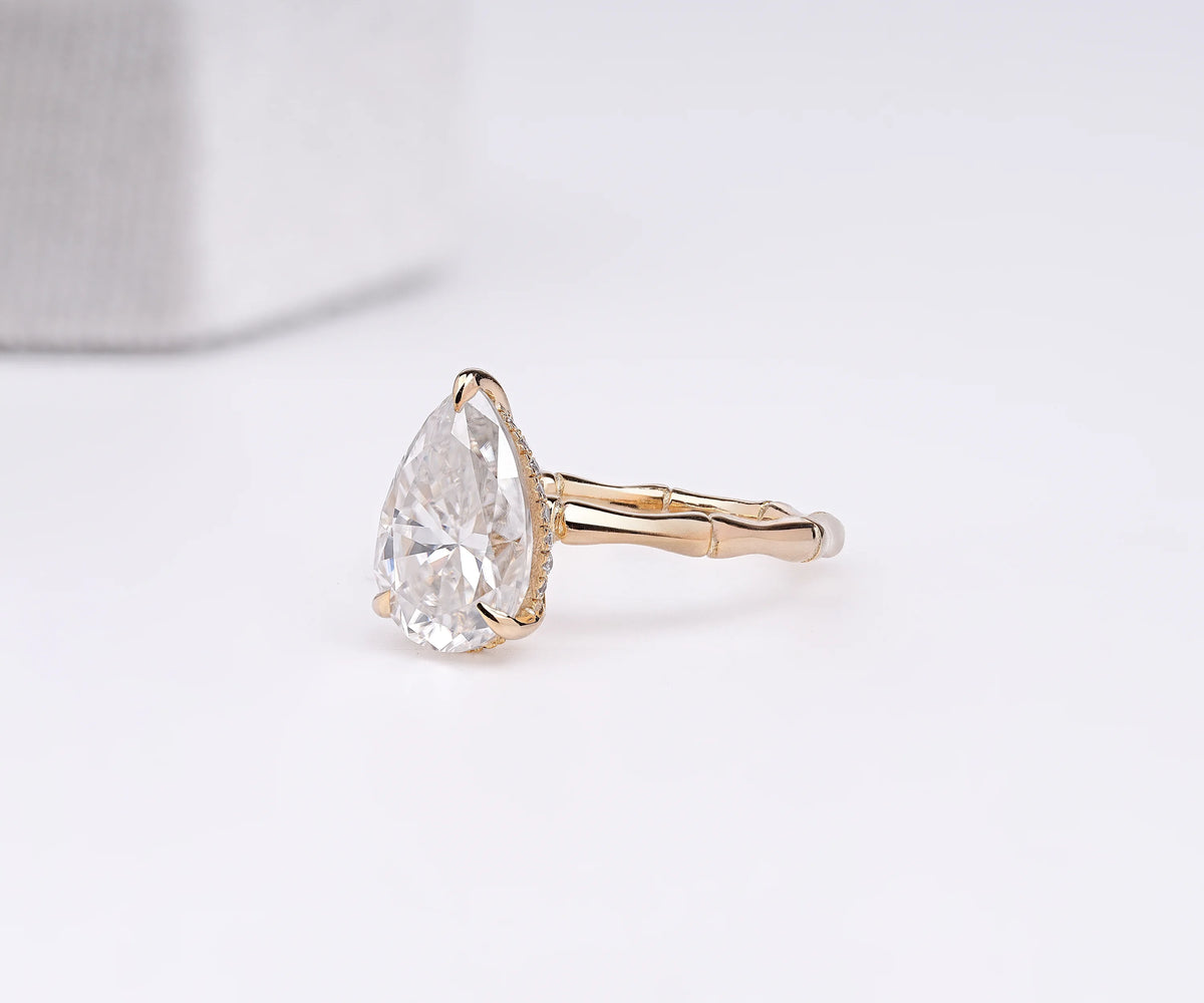 Solitaire Bamboo Twig Hidden Halo Pear Shape Lab Diamond Engagement Ring