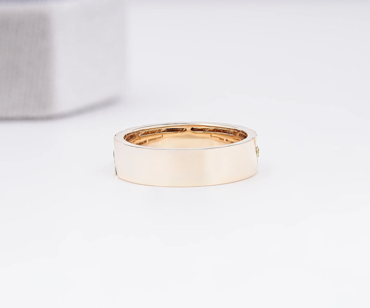 Men’s Diagonal Grooved Wide Round Shape Green Lab Diamond and Moissanite Wedding Band