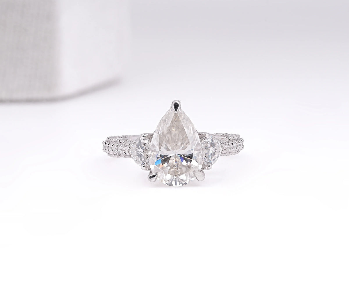 Hidden Halo Three Stone Pear Shape Lab Diamond Engagement Ring