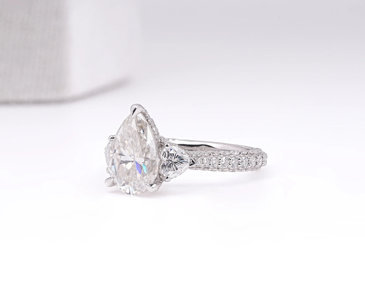 Hidden Halo Three Stone Pear Shape Lab Diamond Engagement Ring