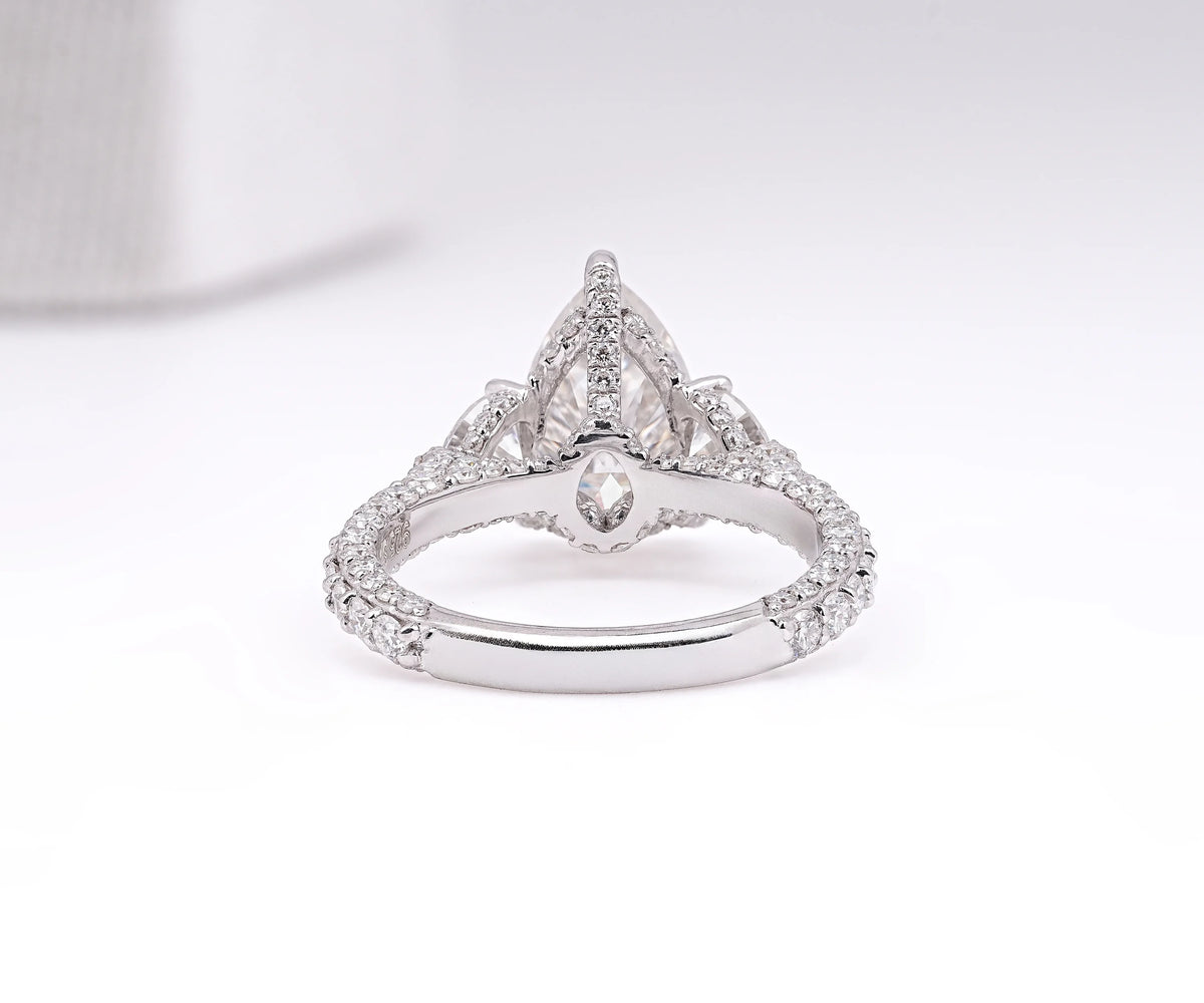 Hidden Halo Three Stone Pear Shape Lab Diamond Engagement Ring