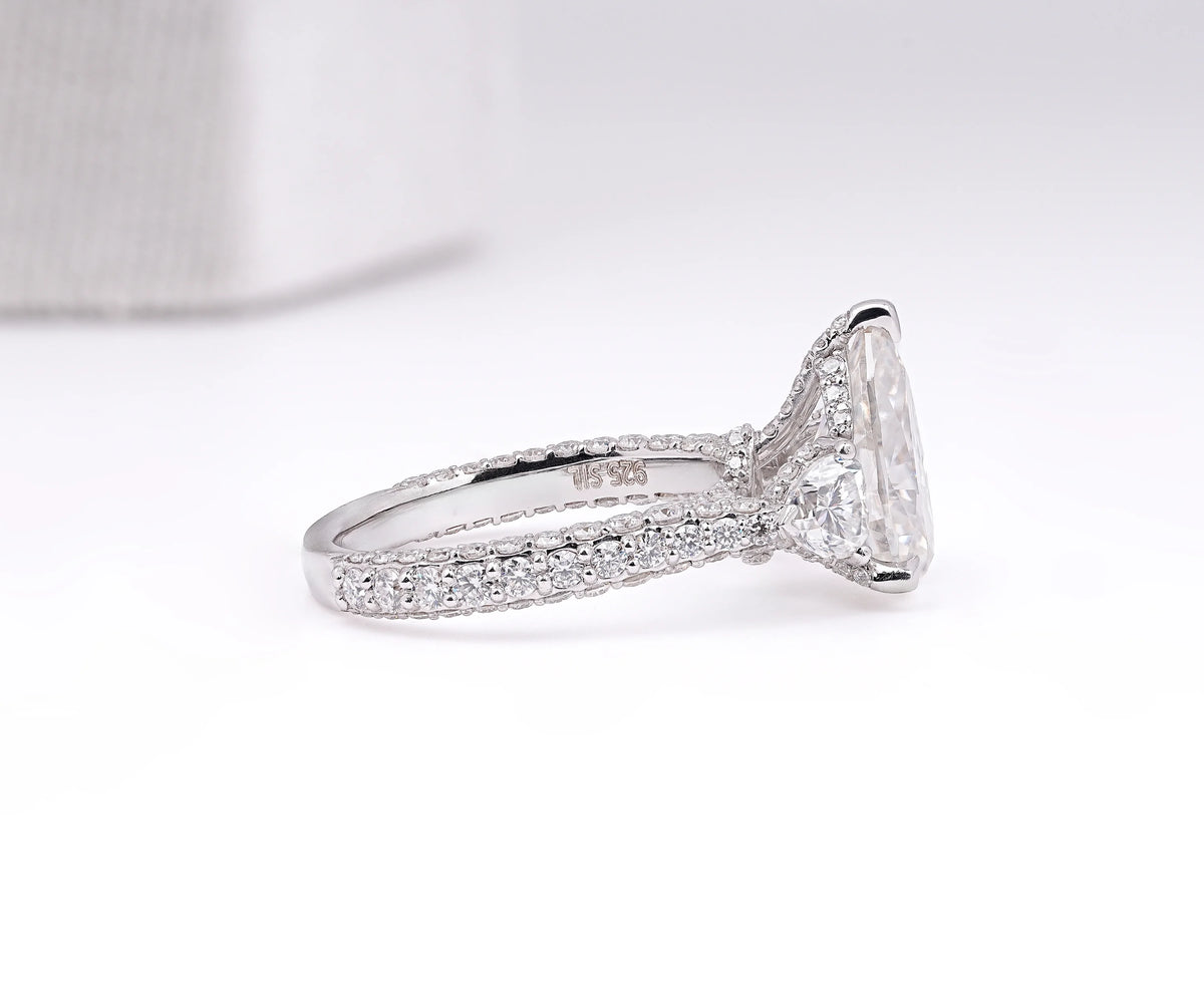 Hidden Halo Three Stone Pear Shape Lab Diamond Engagement Ring