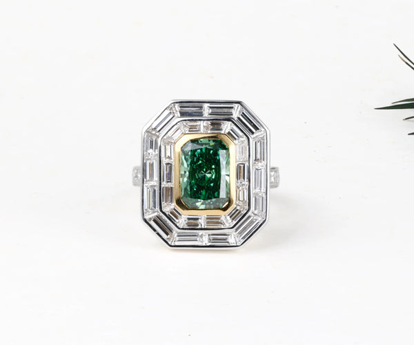 Double Halo Radiant Cut Green Lab-Grown Diamond Engagement Ring