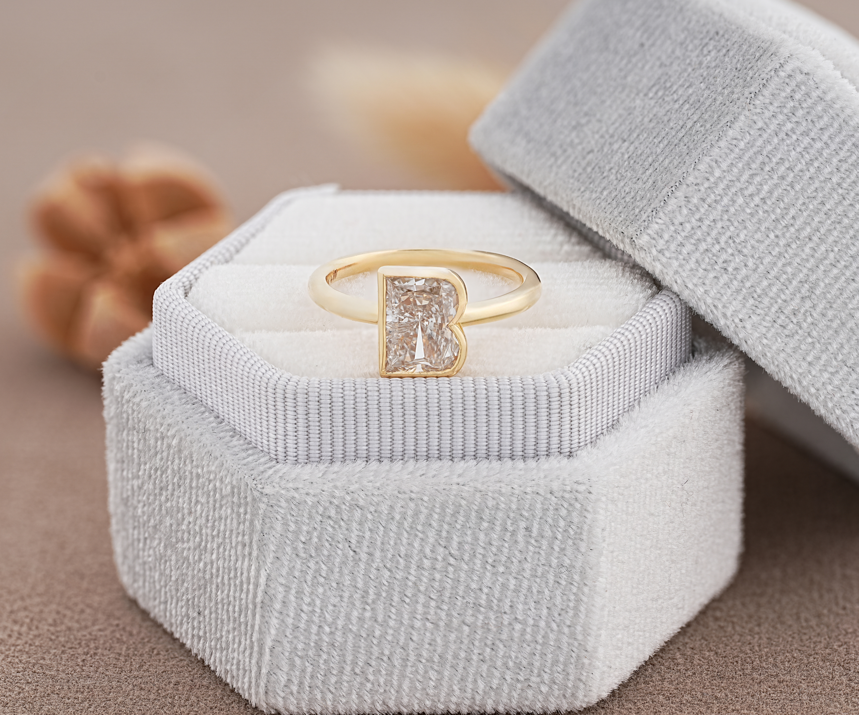 Bezel Set B Letter Lab Grown Diamond Initial Ring