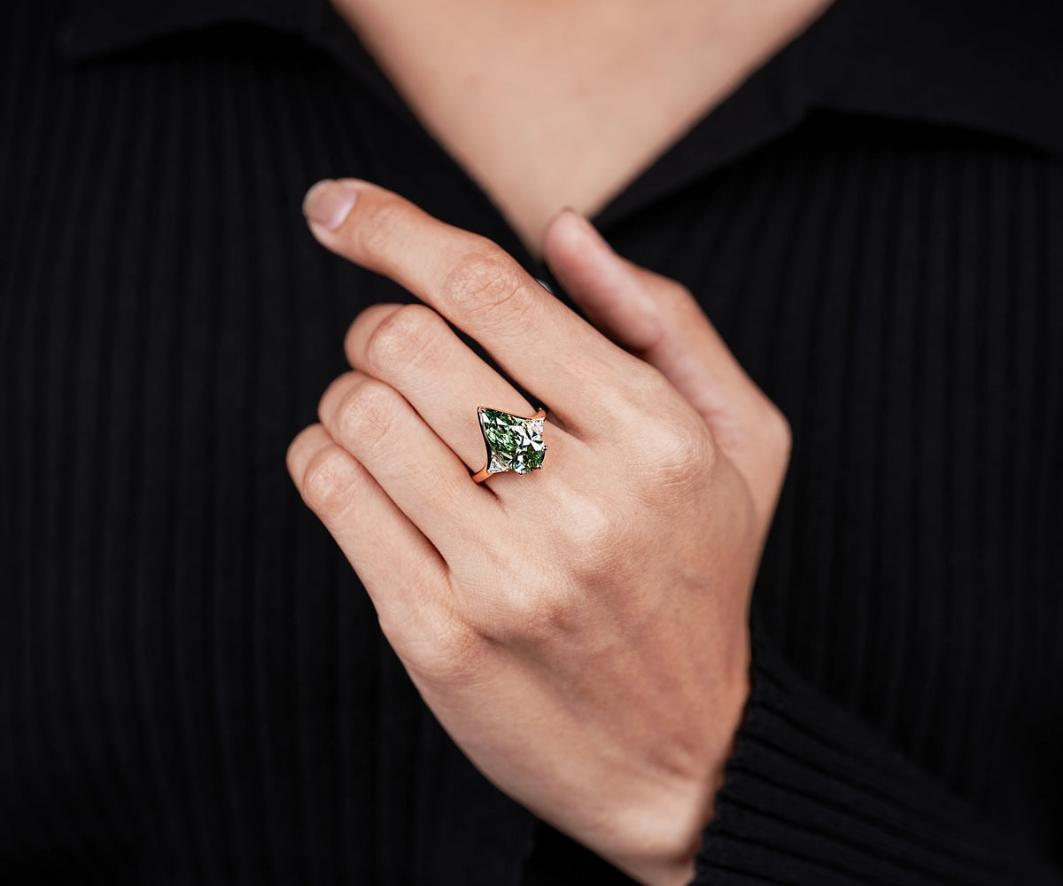 Three Stone Fancy Green Pear Shape Lab Diamond Anniversary Ring