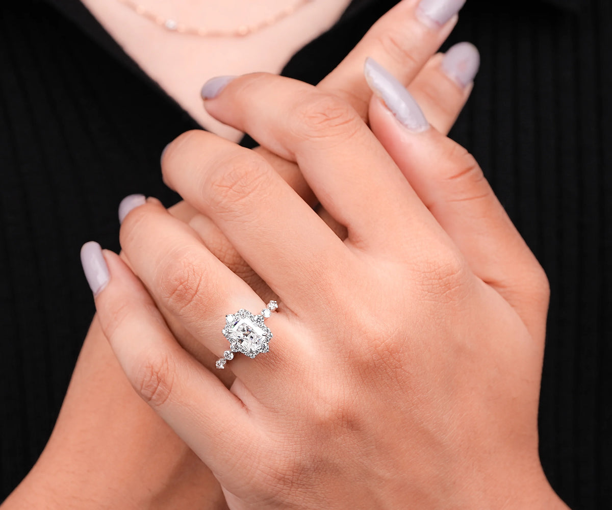 Halo Radiant Shape Side Alternate Set Accent Lab Diamond Engagement Ring