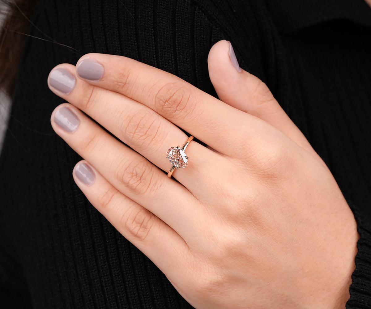 Solitaire Hidden Halo Tilted Fancy Pink Oval Shape Lab Diamond Engagement Ring