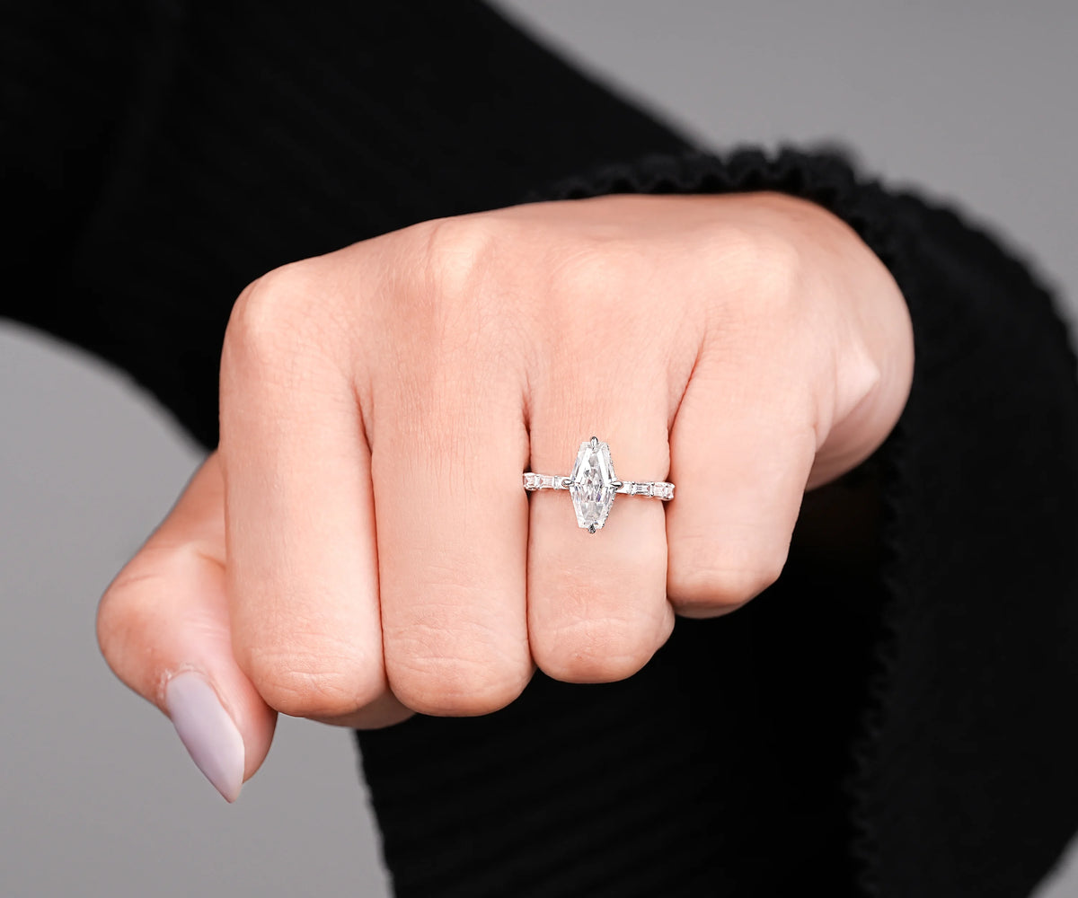 Solitaire Hidden Halo Antique Lozenge Shape Lab Diamond Engagement Ring