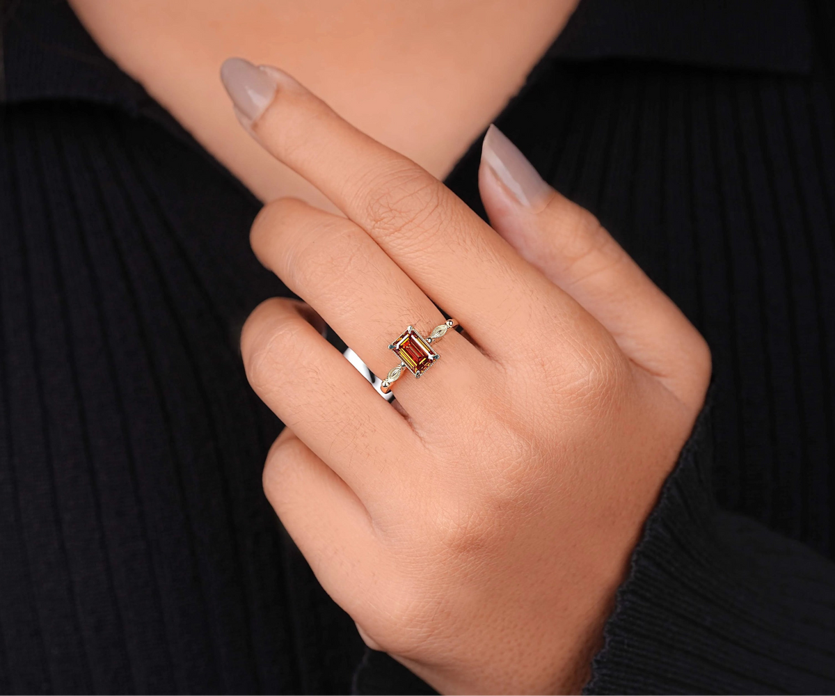Art Deco Fancy Orange Emerald Shape Lab Diamond Anniversary Ring