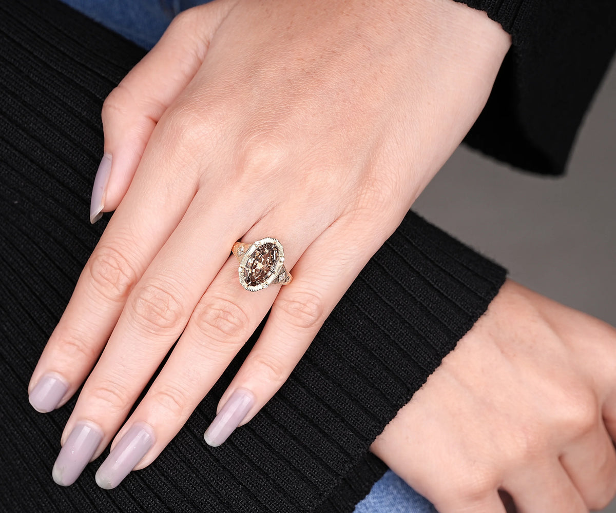 Art Deco Milgrain Fancy Brown Oval Shape Lab Diamond Engagement Ring