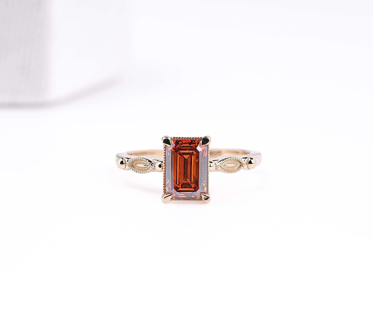 Art Deco Fancy Orange Emerald Shape Lab Diamond Anniversary Ring