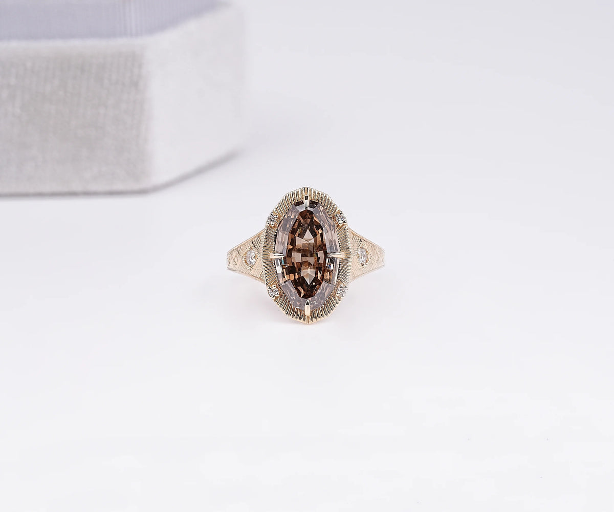 Art Deco Milgrain Fancy Brown Oval Shape Lab Diamond Engagement Ring