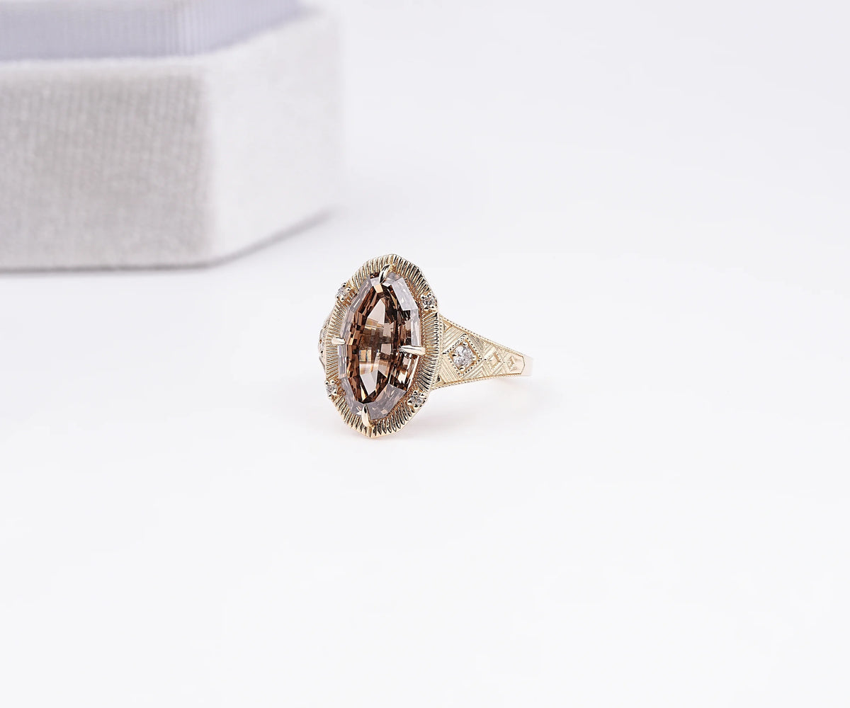 Art Deco Milgrain Fancy Brown Oval Shape Lab Diamond Engagement Ring