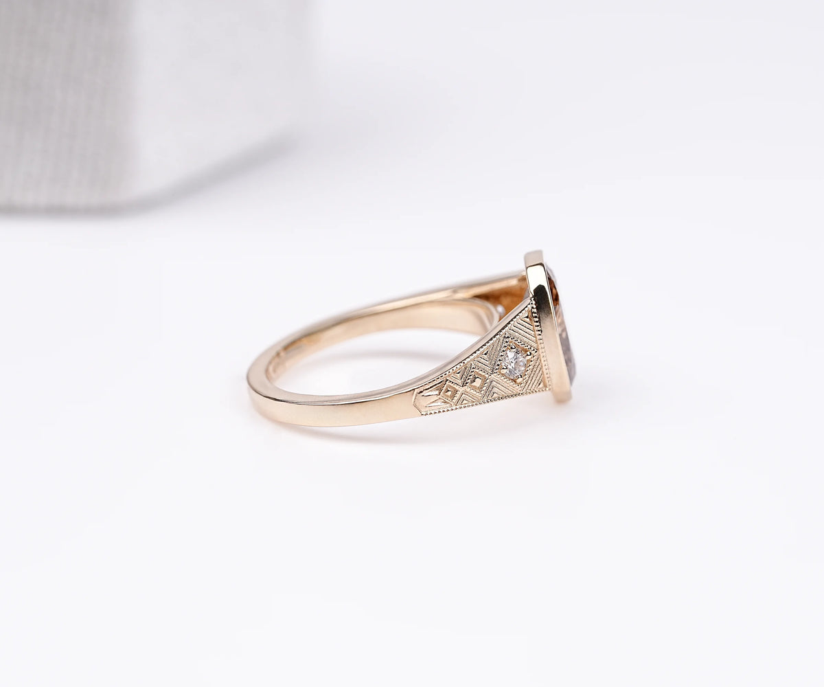Art Deco Vintage Engraved Bezel Fancy Brown Oval Cut Lab Diamond Engagement Ring