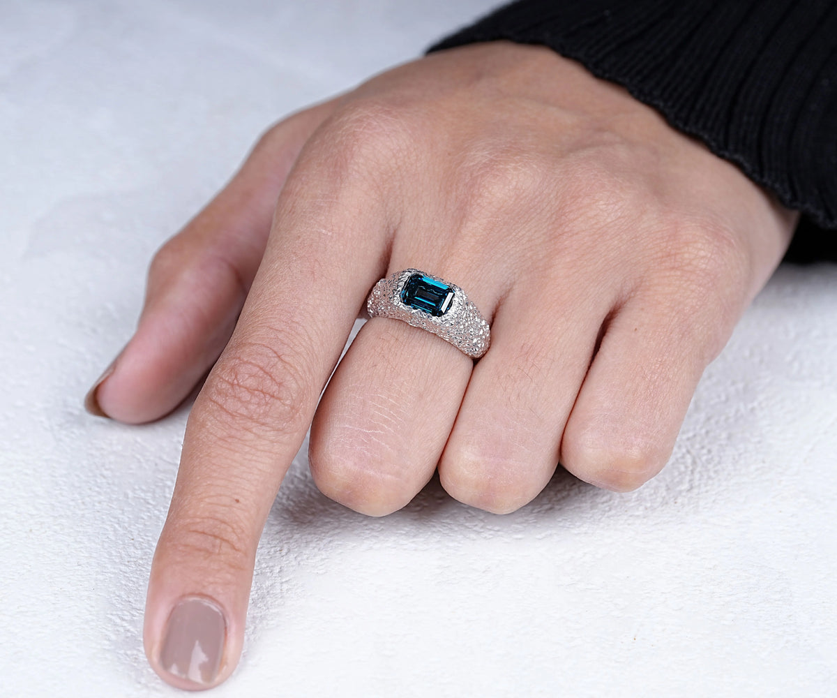 Chunky Dome Bezel Fancy Blue Emerald Shape Lab Diamond Anniversary Ring