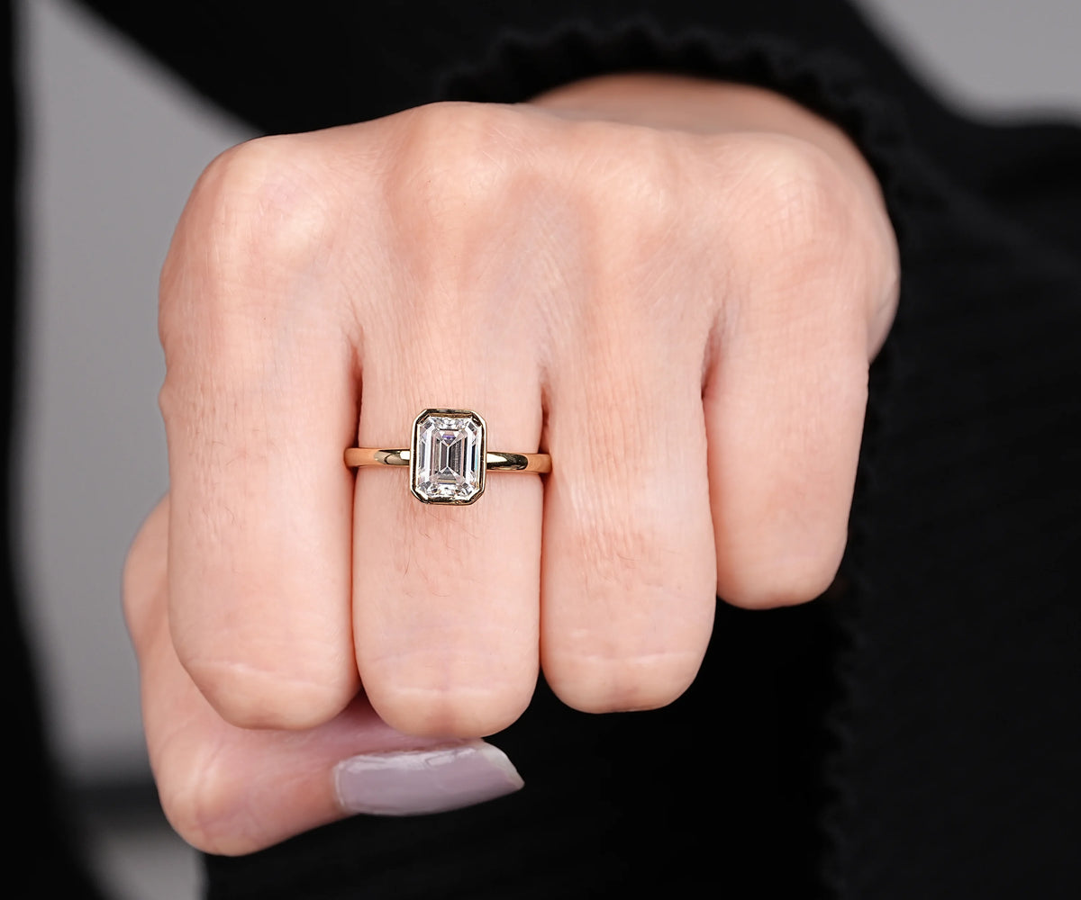 Solitaire Bezel Emerald Shape Lab Diamond Engagement Ring
