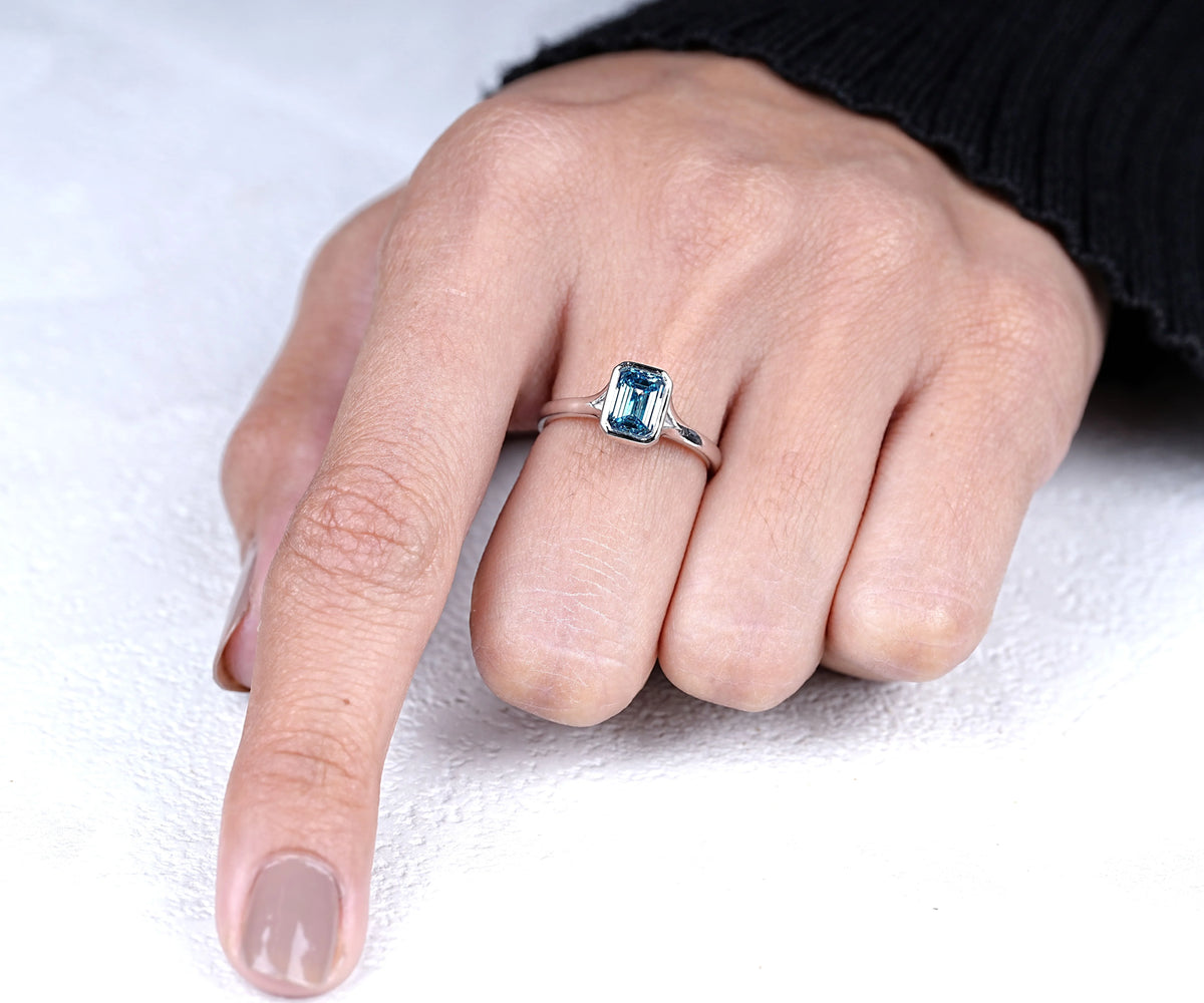 Solitaire Bezel Split Shank Fancy Blue Emerald Lab Diamond Engagement Ring