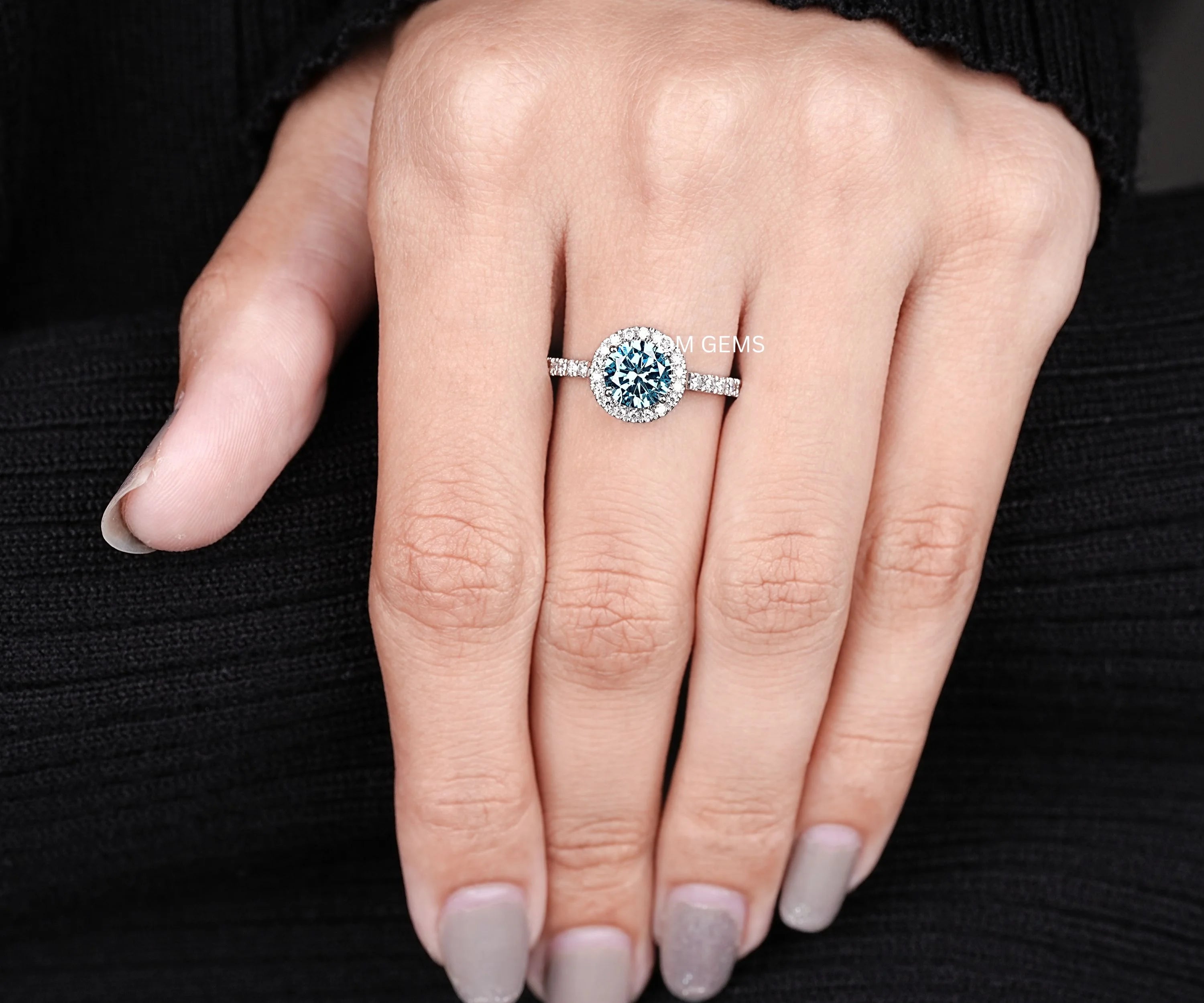 Blue Diamond Halo Engagement Ring