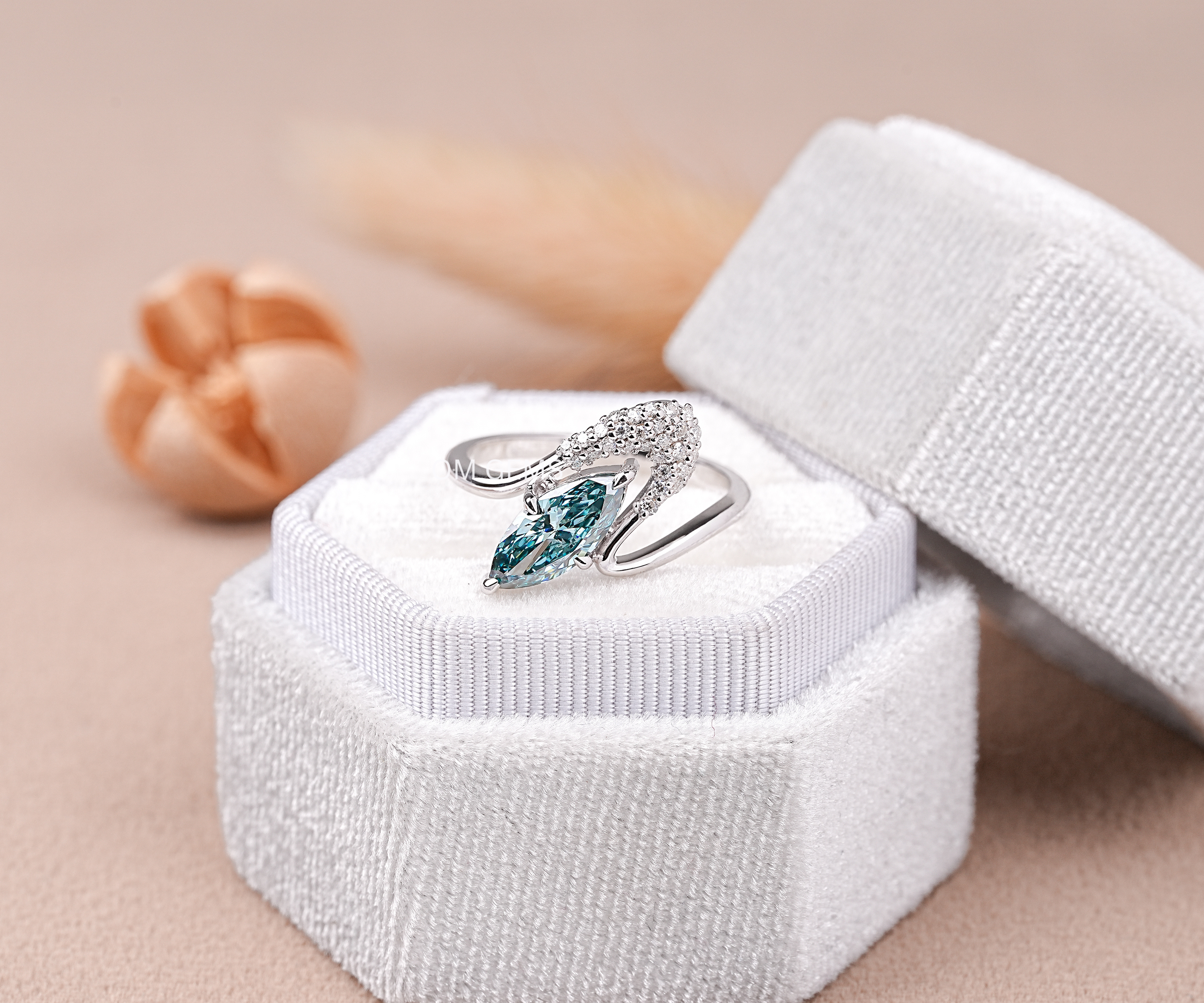 Blue Marquise Lab Diamond Pave Set Wave Ring