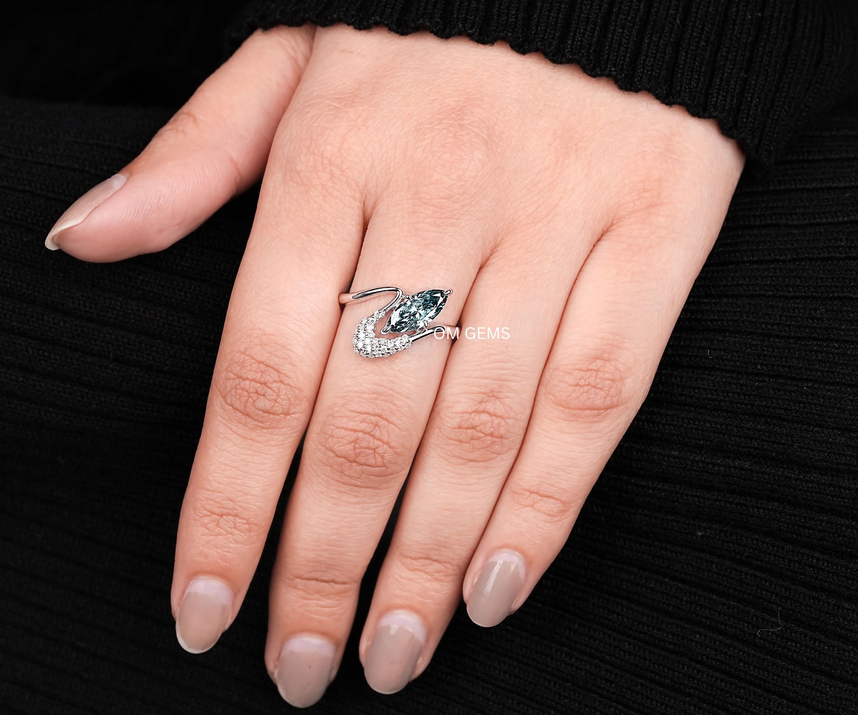 Blue Marquise Lab Diamond Pave Set Wave Ring