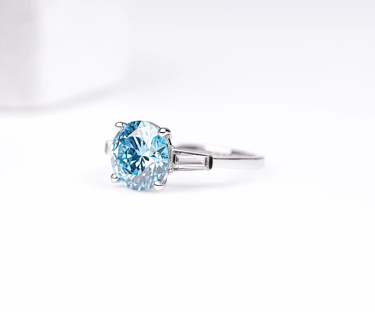 Three Stone Fancy Blue Round Shape Lab Diamond Engagement Ring