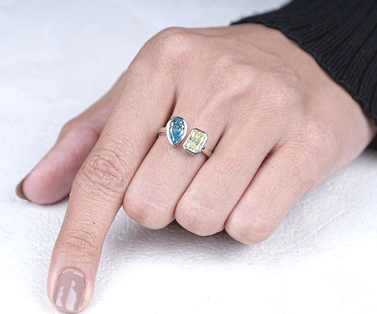 Toi Et Moi Fancy Blue Pear and Yellow Radiant Shape Lab Diamond Engagement Ring