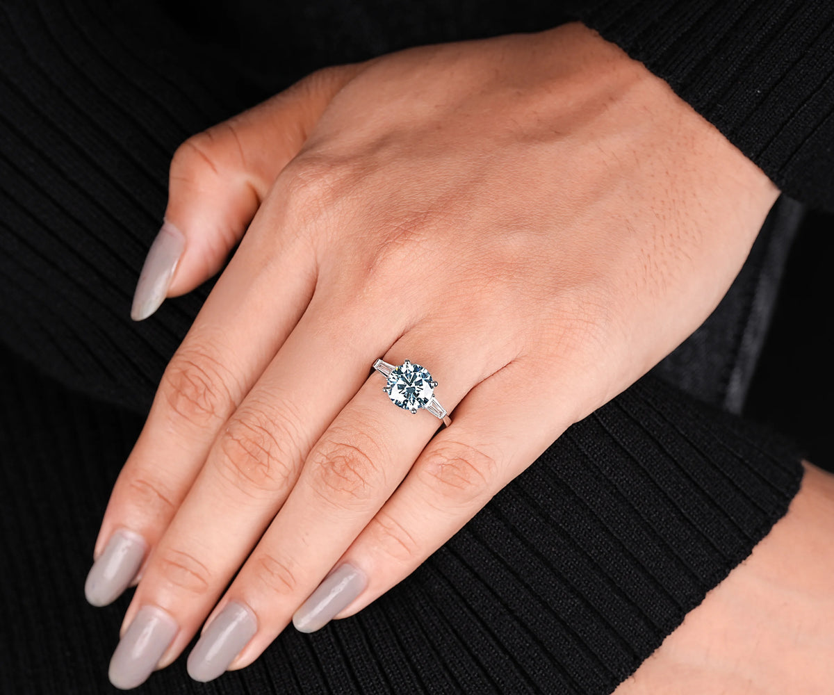 Three Stone Fancy Blue Round Shape Lab Diamond Engagement Ring