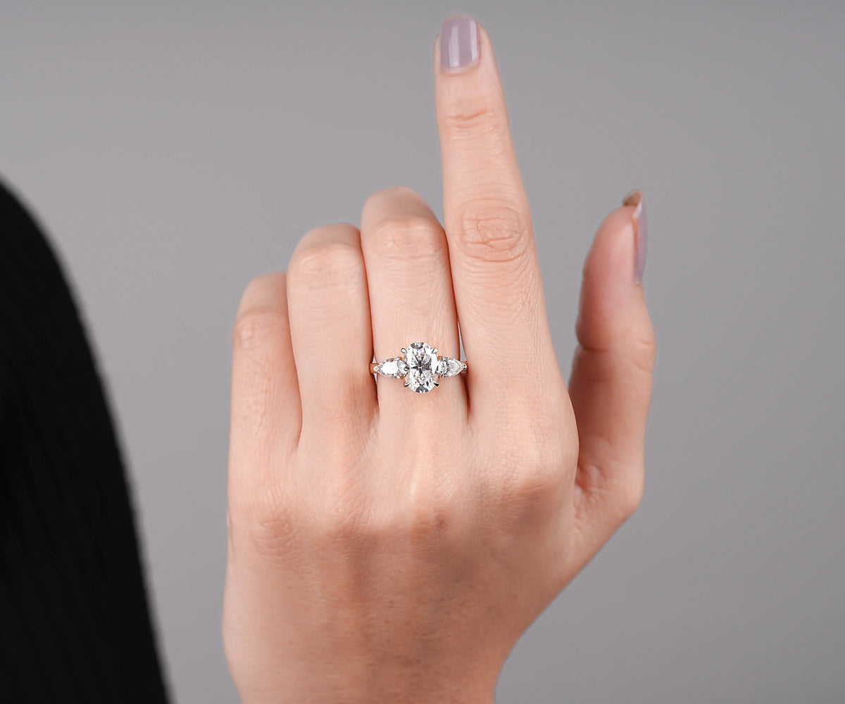 Oval & Pear Lab Grown Diamond Three Stone Engagement Ring