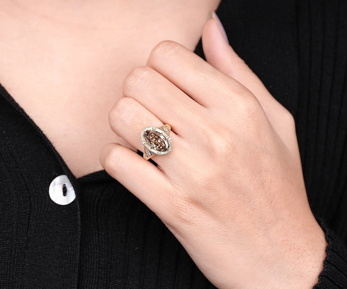 Art Deco Milgrain Fancy Brown Oval Shape Lab Diamond Engagement Ring