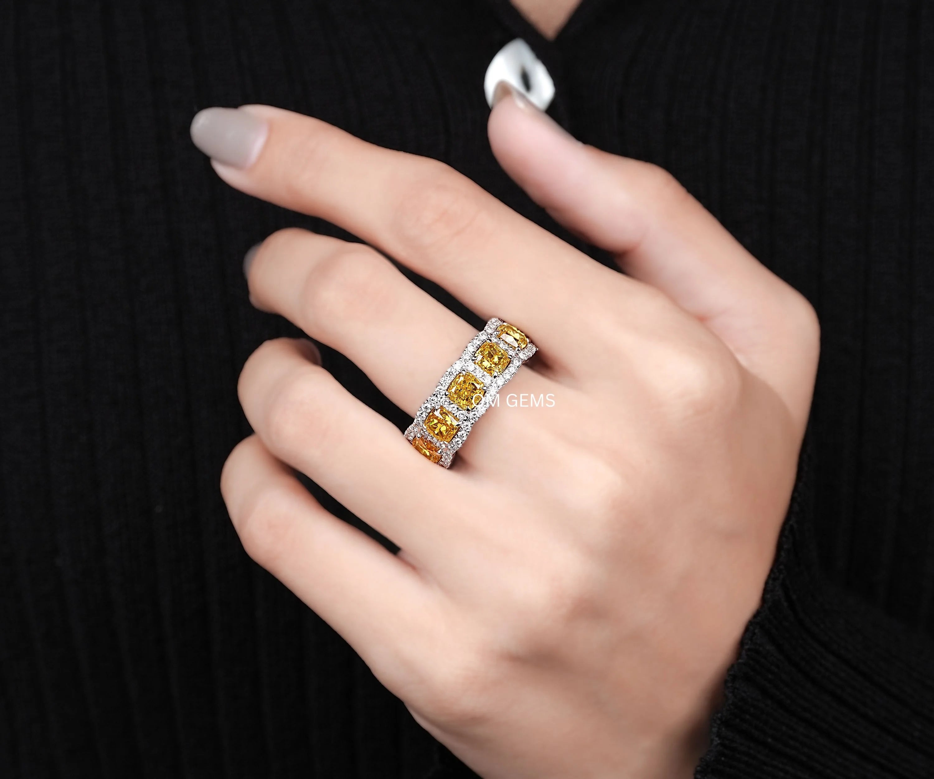 Canary Yellow Cushion Eternity Wedding Band