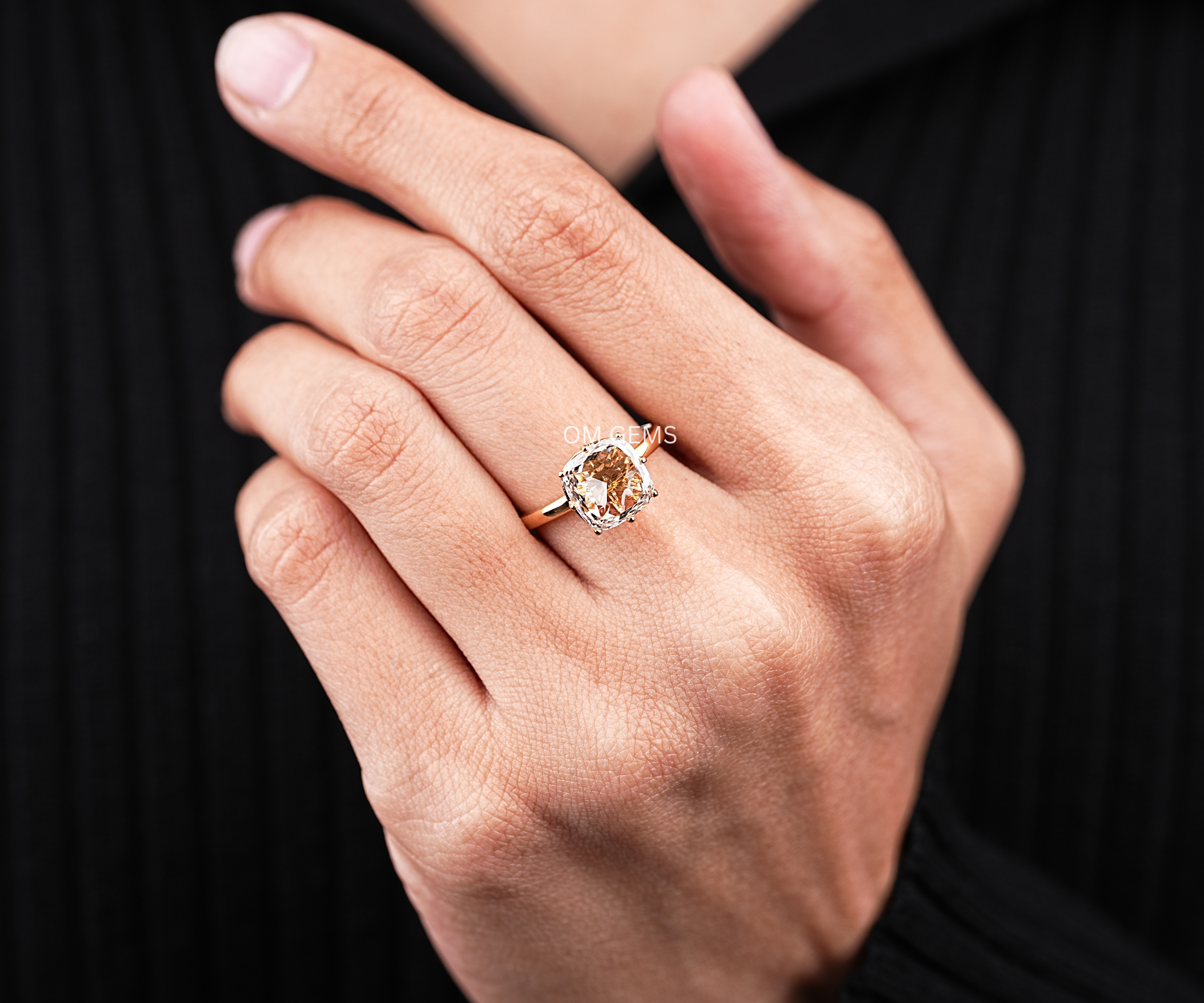 Solitaire Champagne Cushion Cut Lab Grown Diamond Ring