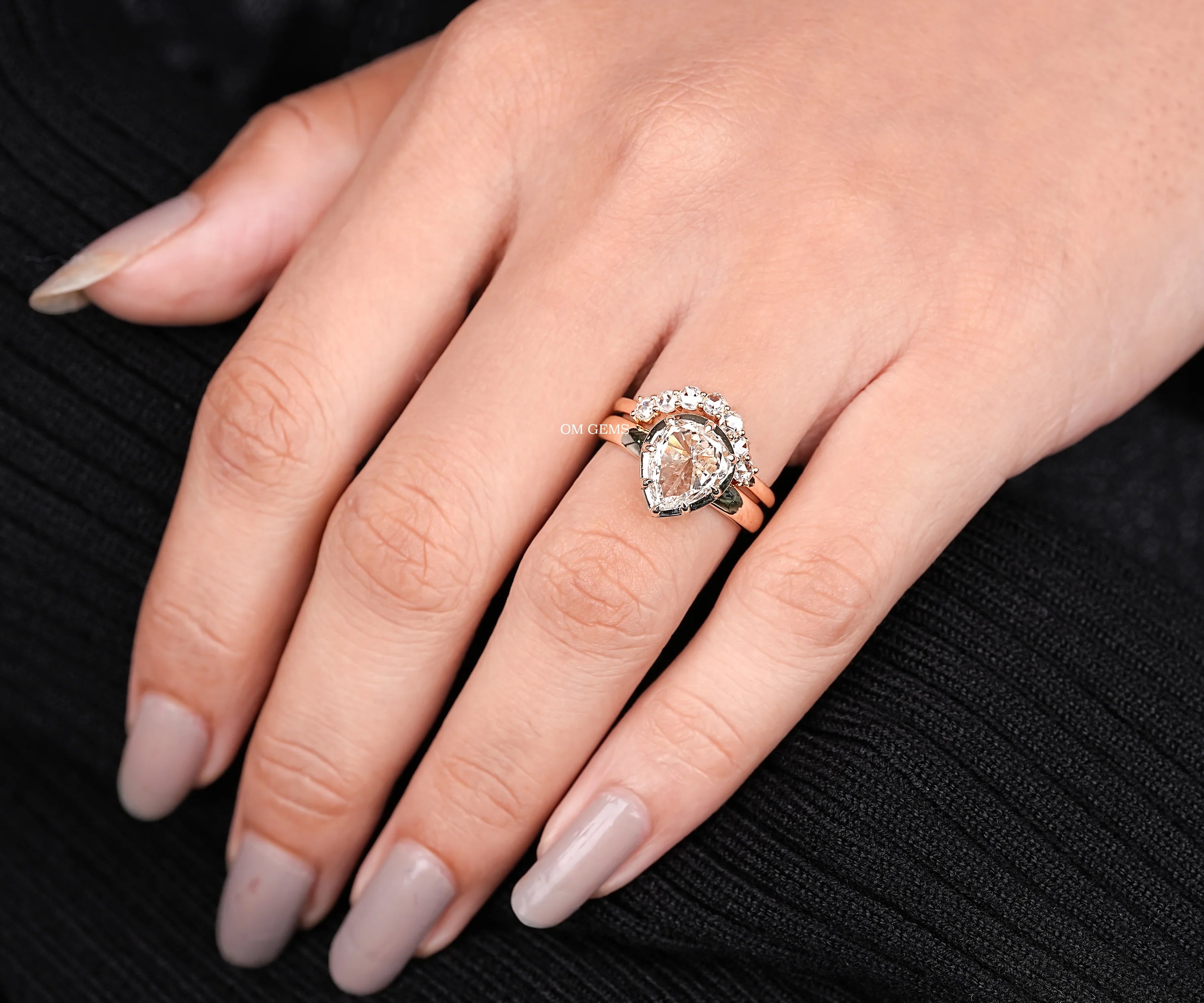 Georgian Cut Pear Champagne Diamond Bridal Ring Set