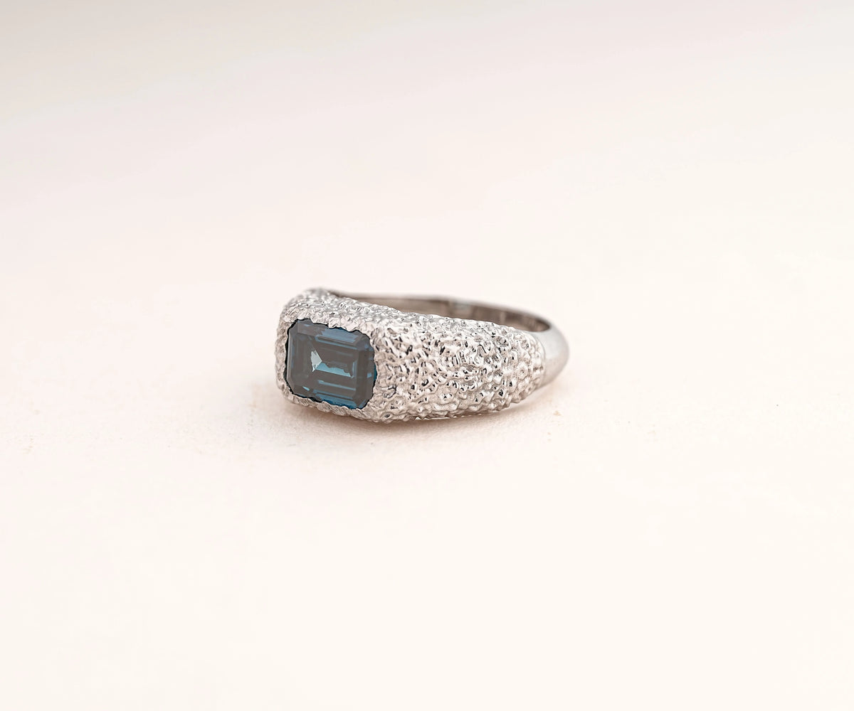 Chunky Dome Bezel Fancy Blue Emerald Shape Lab Diamond Anniversary Ring