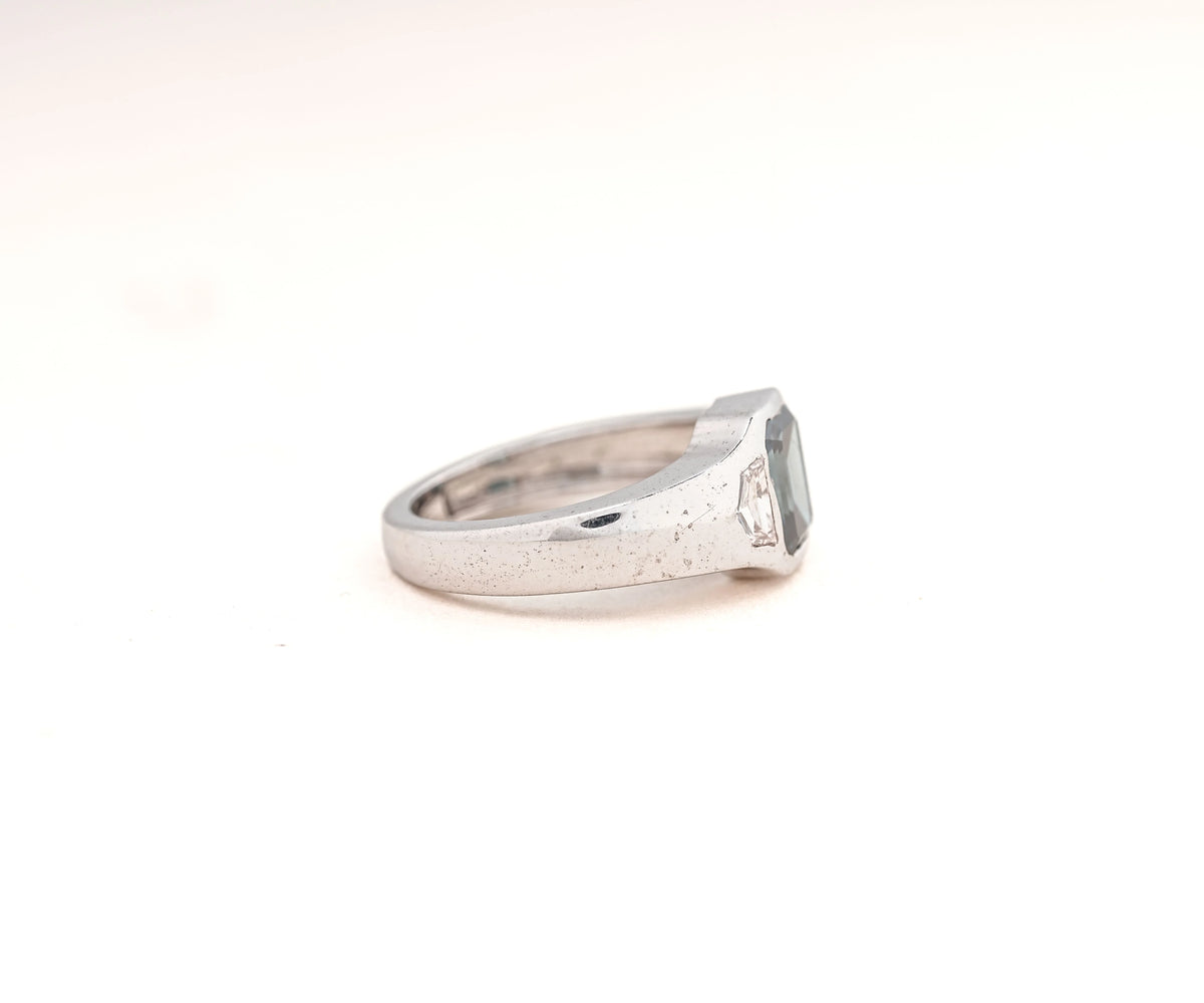 Three Stone Chunky Fancy Blue Emerald Shape Lab Diamond Anniversary Ring