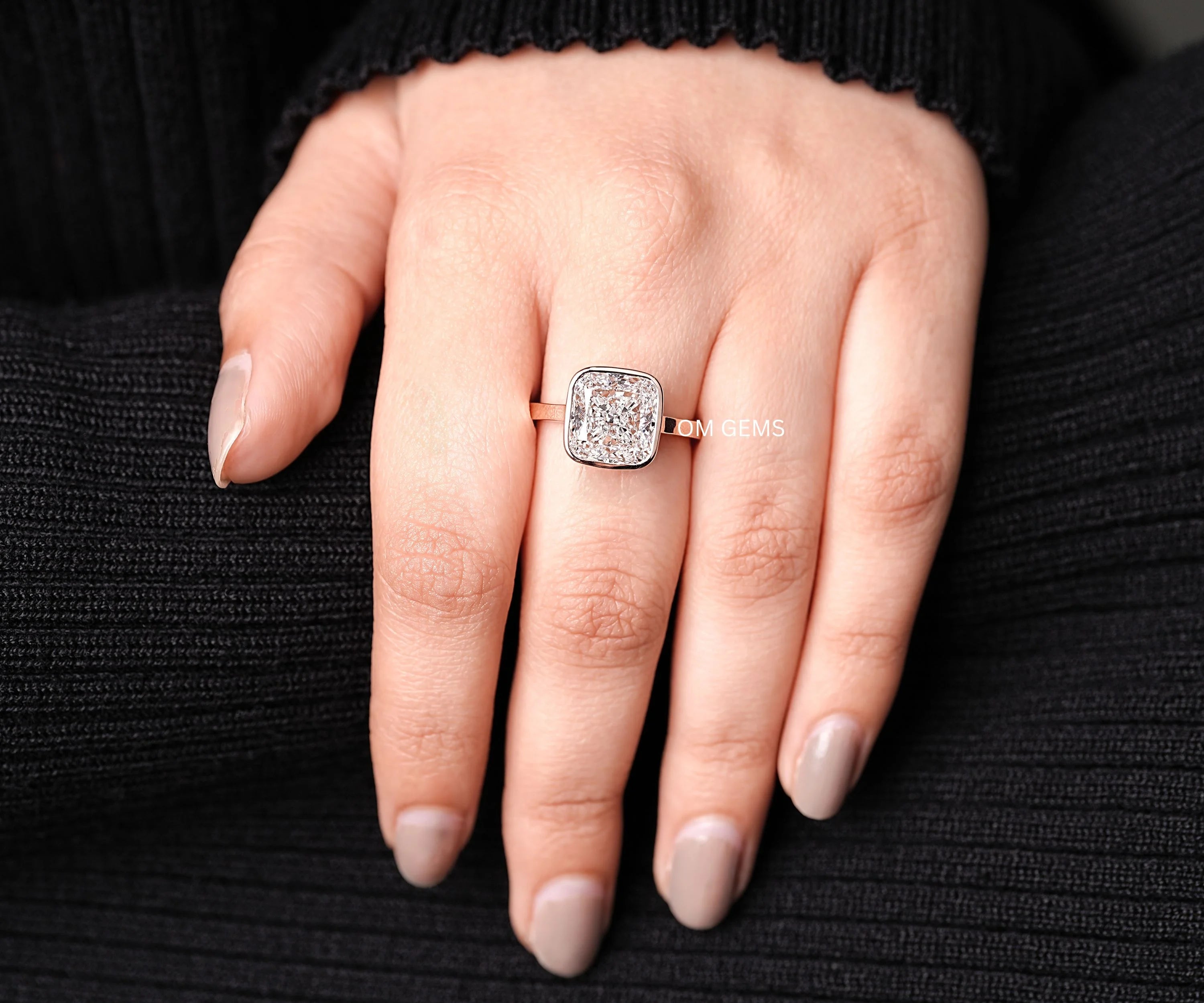 Cushion Cut Diamond Bezel Set Solitaire Ring