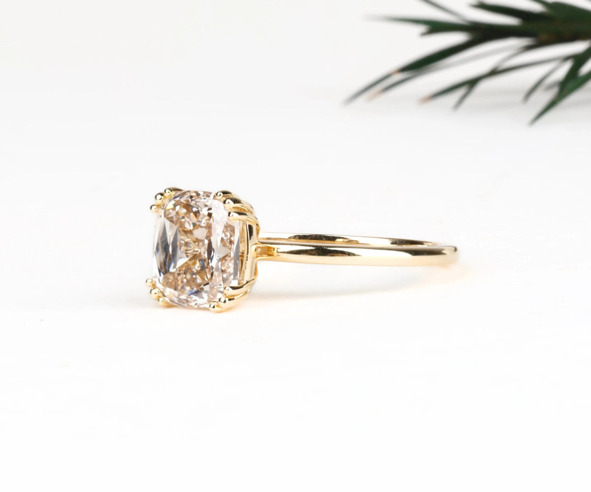 Solitaire Three Prong Fancy Champagne Cushion Shape Lab Diamond Engagement Ring