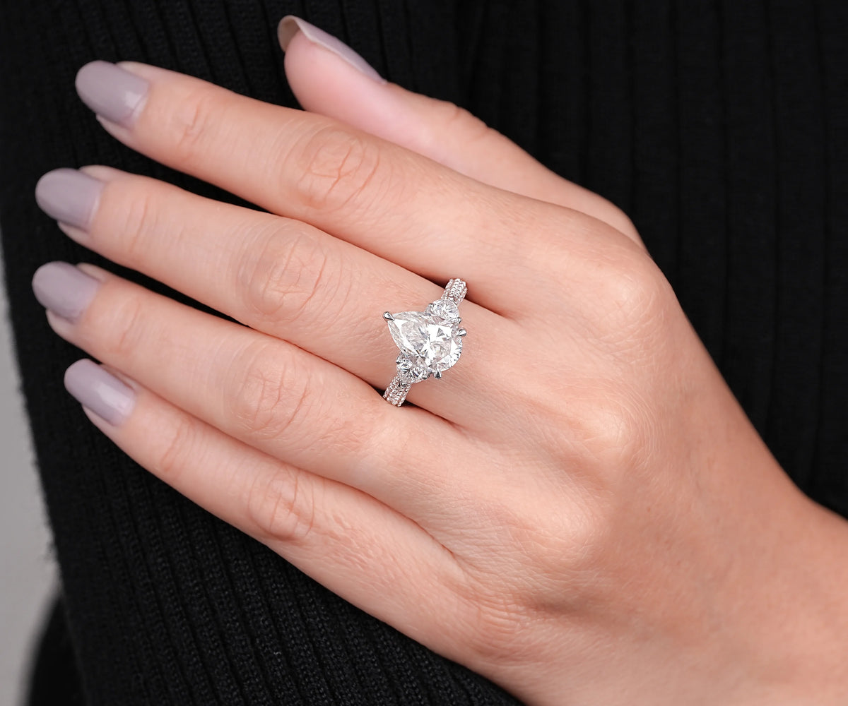 Hidden Halo Three Stone Pear Shape Lab Diamond Engagement Ring